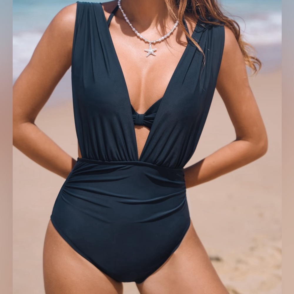 Black Bikini Top & Plunging Ruched Swim Set NWT